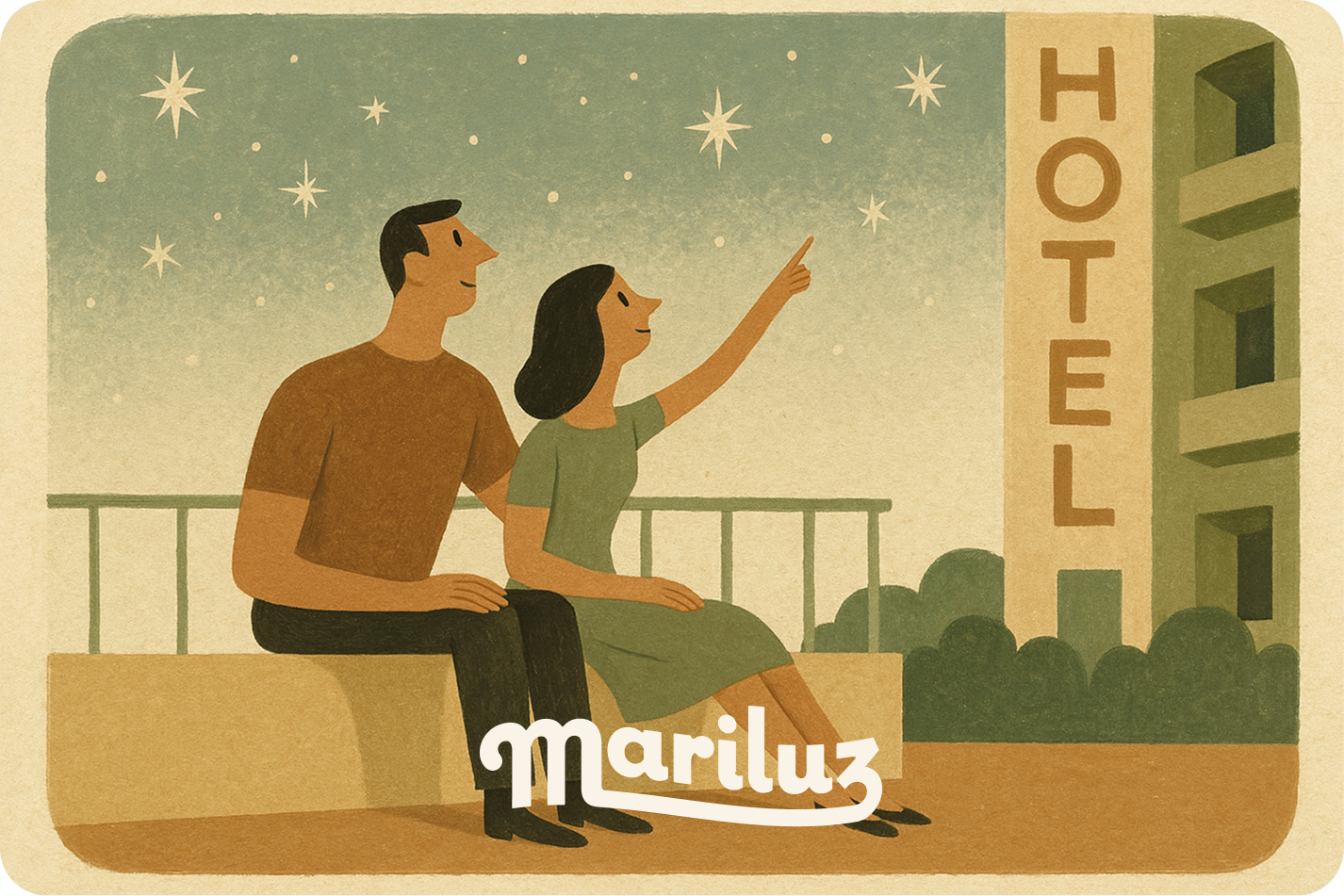 Pareja contemplando estrellas junto a hotel, experiencia Mariluz de calma y conexión nocturna
