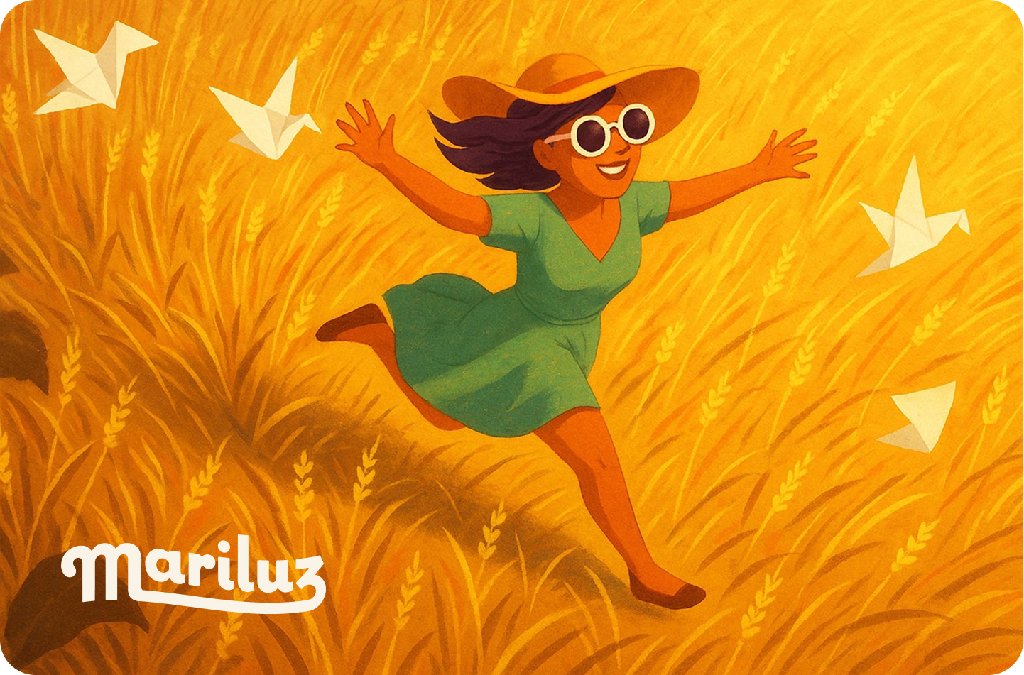 Persona corriendo entre campo de trigo con aves de origami, experiencia Mariluz de libertad y alegría