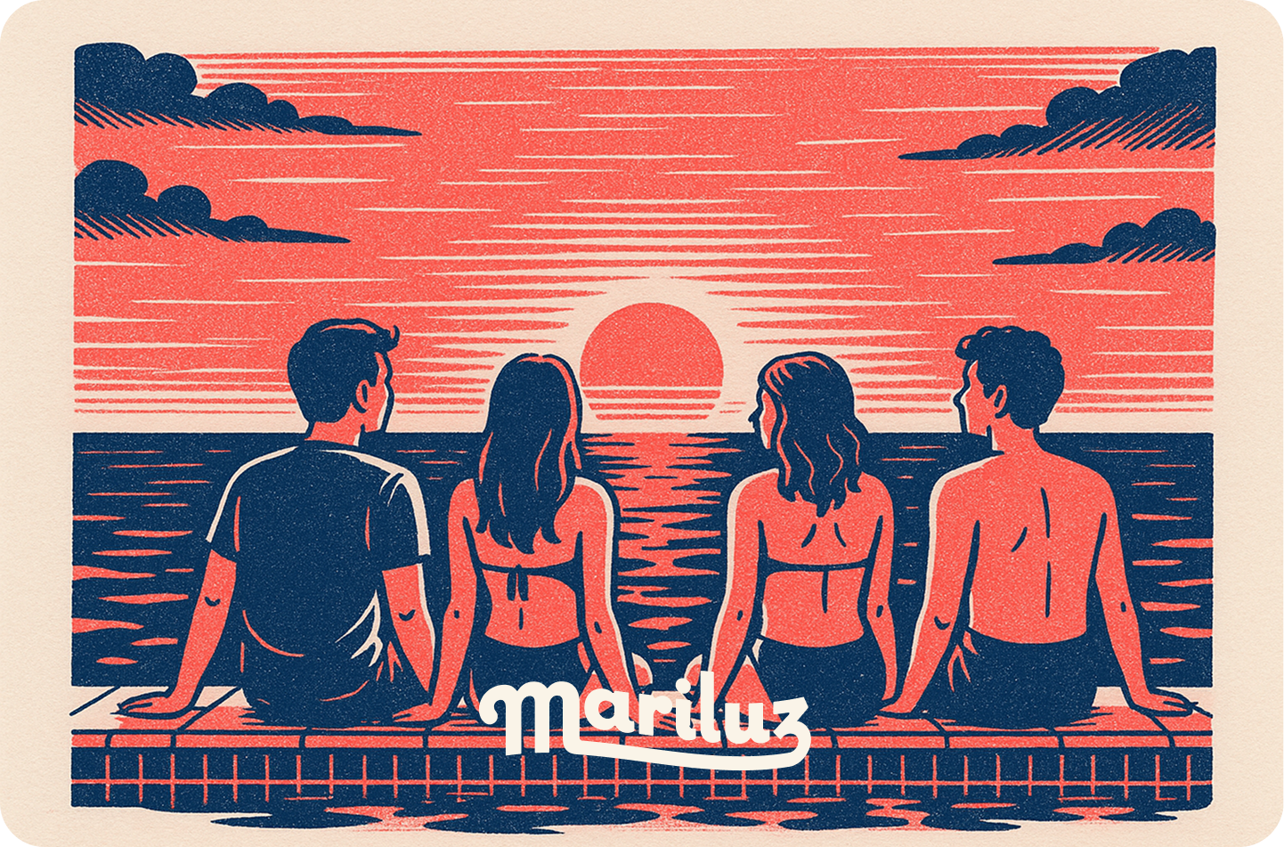 Grupo de personas contemplando el atardecer desde un muelle, experiencia Mariluz de conexión y calma