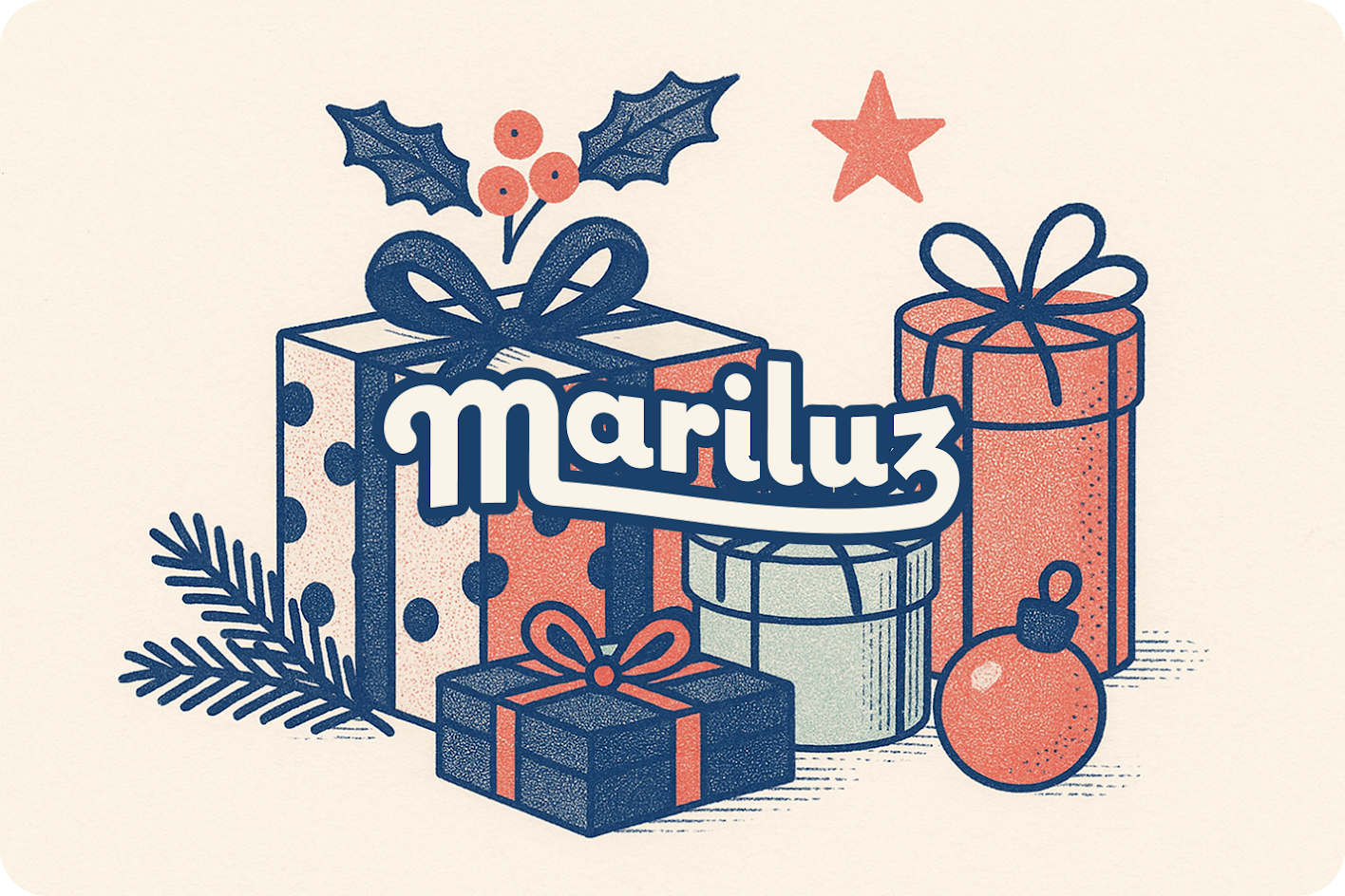 Regalos navideños con decoración festiva y marca Mariluz en ilustración colorida