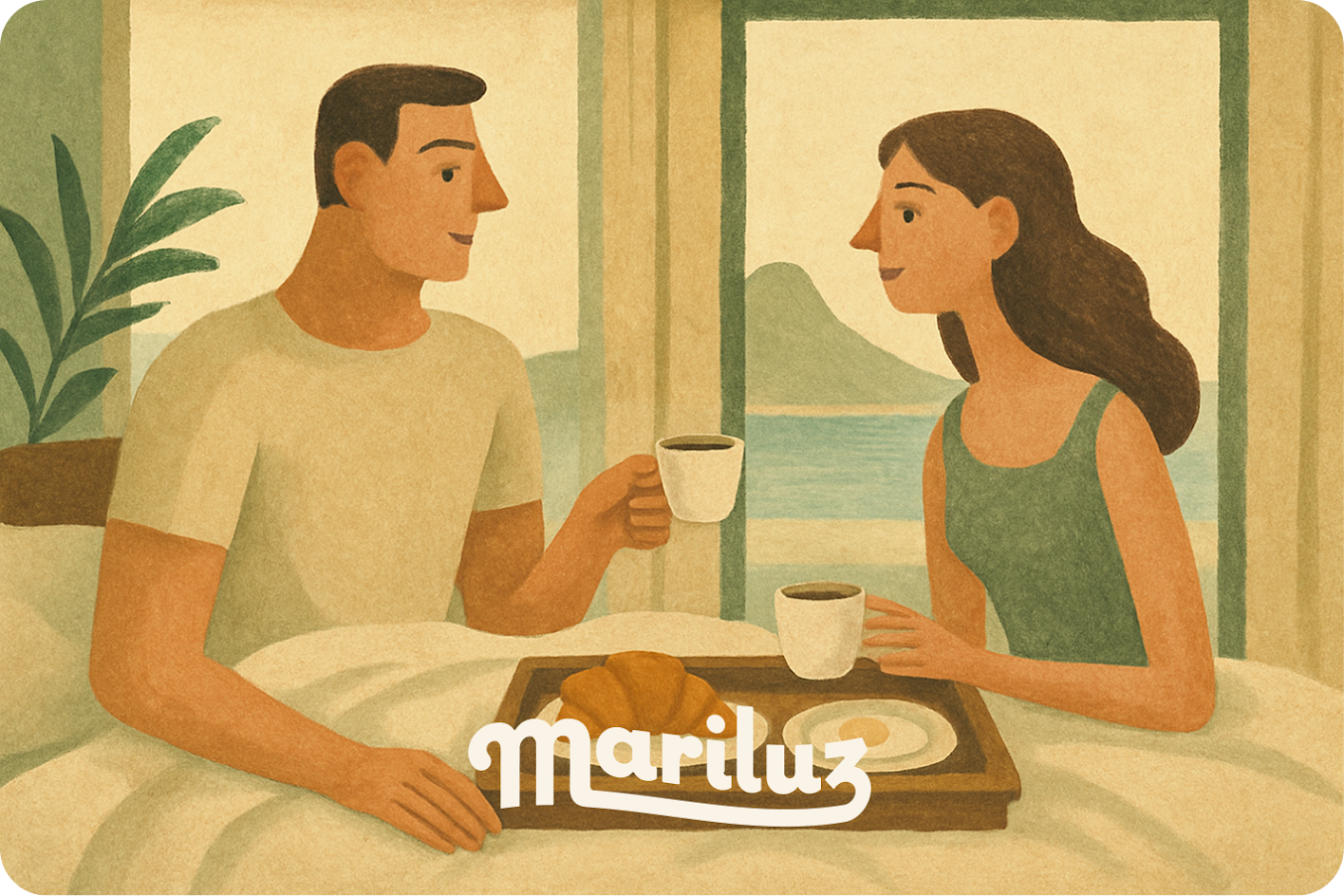 Pareja disfrutando desayuno en cama con vista al mar, experiencia Mariluz de relax navideño